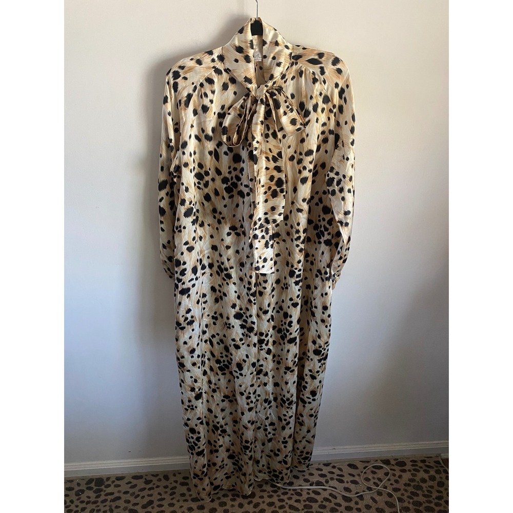 Lucie Ann Vintage Animal Print Bow Kaftan Maxi Dress Tan Black Medium
